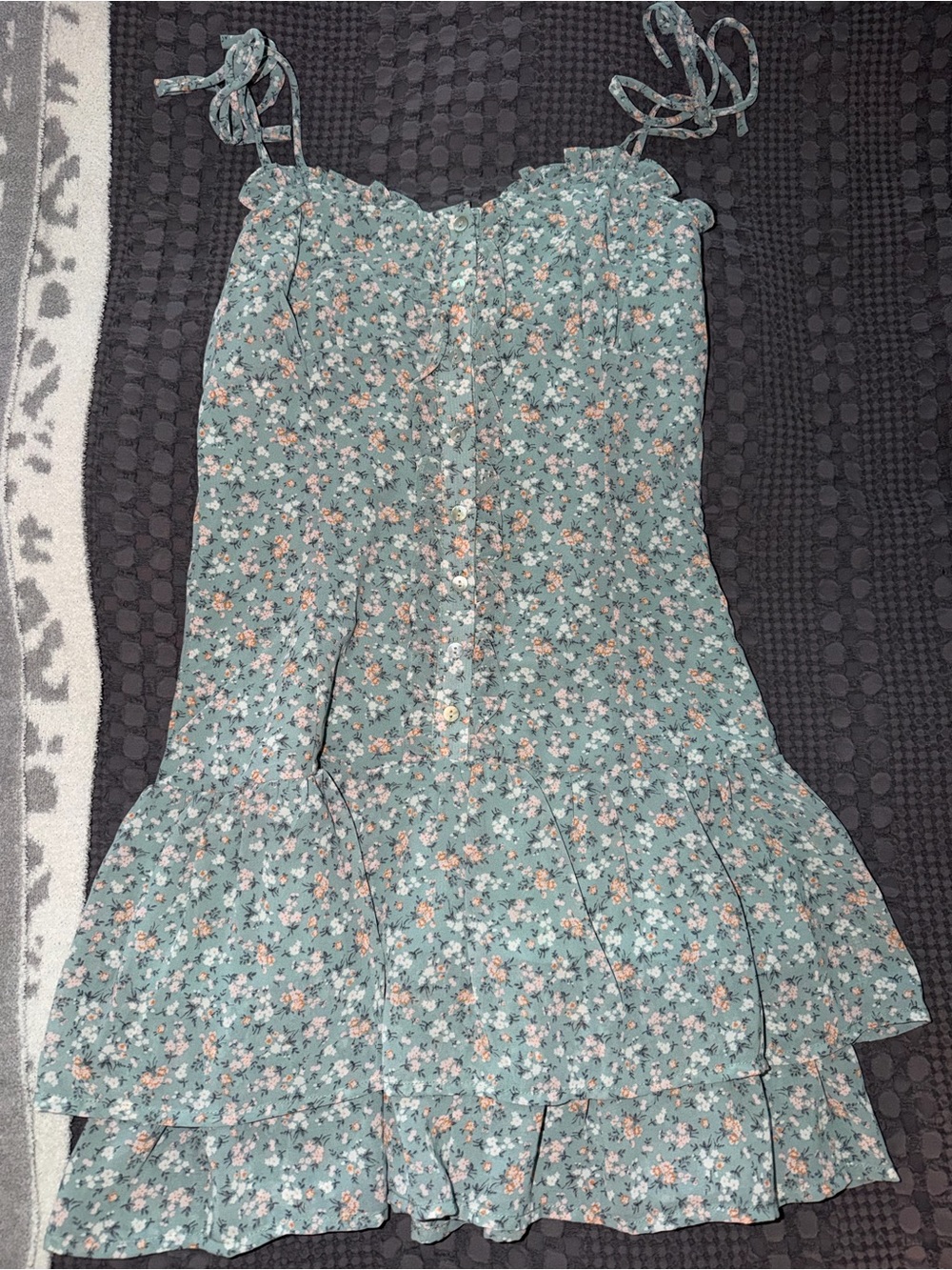 ILLA ILLA Sage Green Floral Tie-Shoulder Tiered Skater Dress